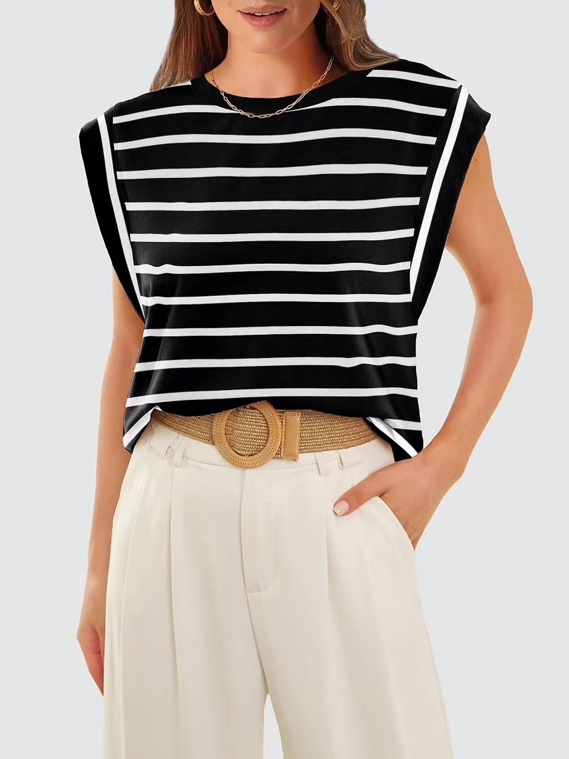 Striped Round Neck Cap Sleeve T-Shirt Trandify deal