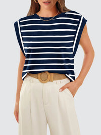Striped Round Neck Cap Sleeve T-Shirt Trandify deal