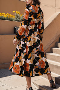 Printed Tie Neck Flounce Sleeve Dress Trandify deal