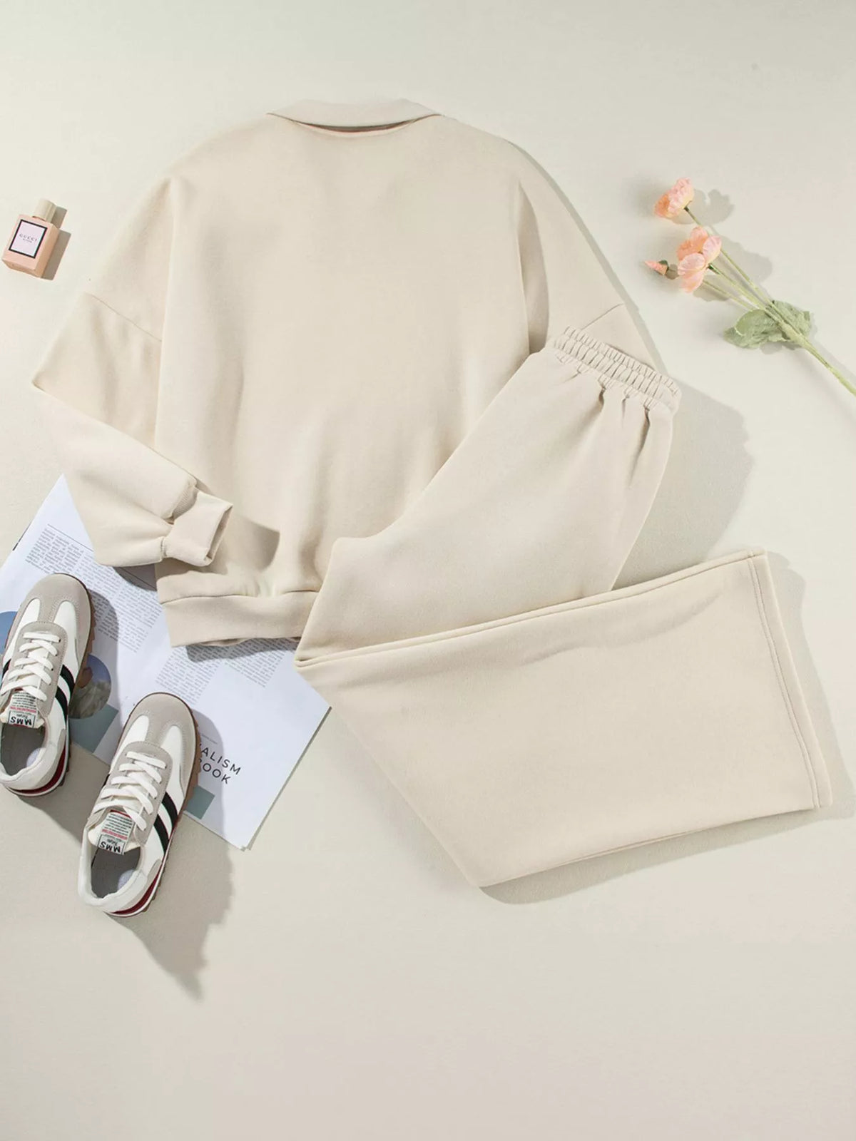 Women's Zip Up Jogger Set in Beige on model showing pockets