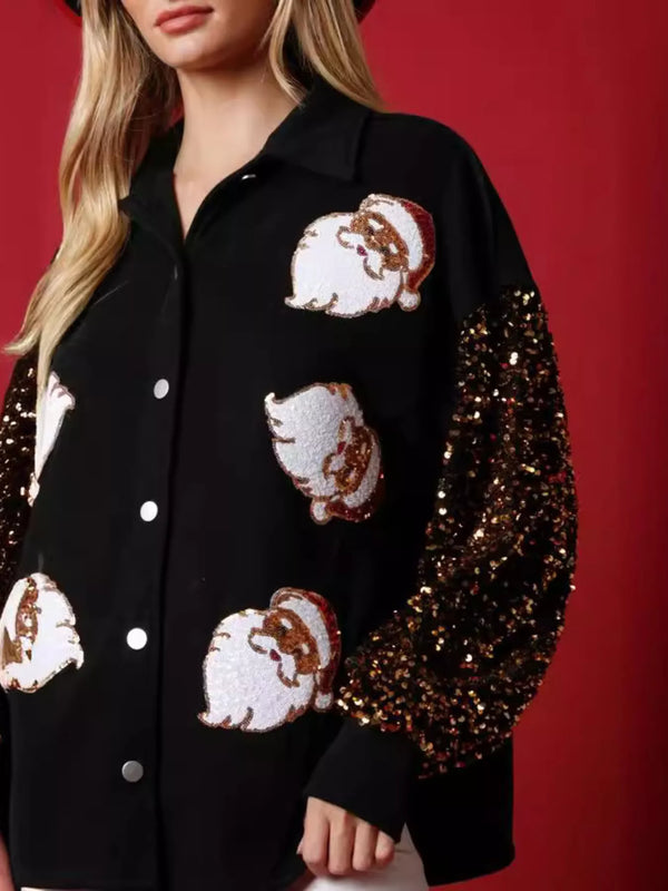 Women's Santa Christmas Sequin Shirt - Front view showing red sequin Santa design on a black long-sleeve top for holiday parties