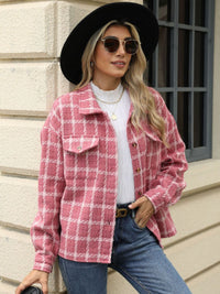 Plaid Collared Neck Long Sleeve Jacket Trandify Deal