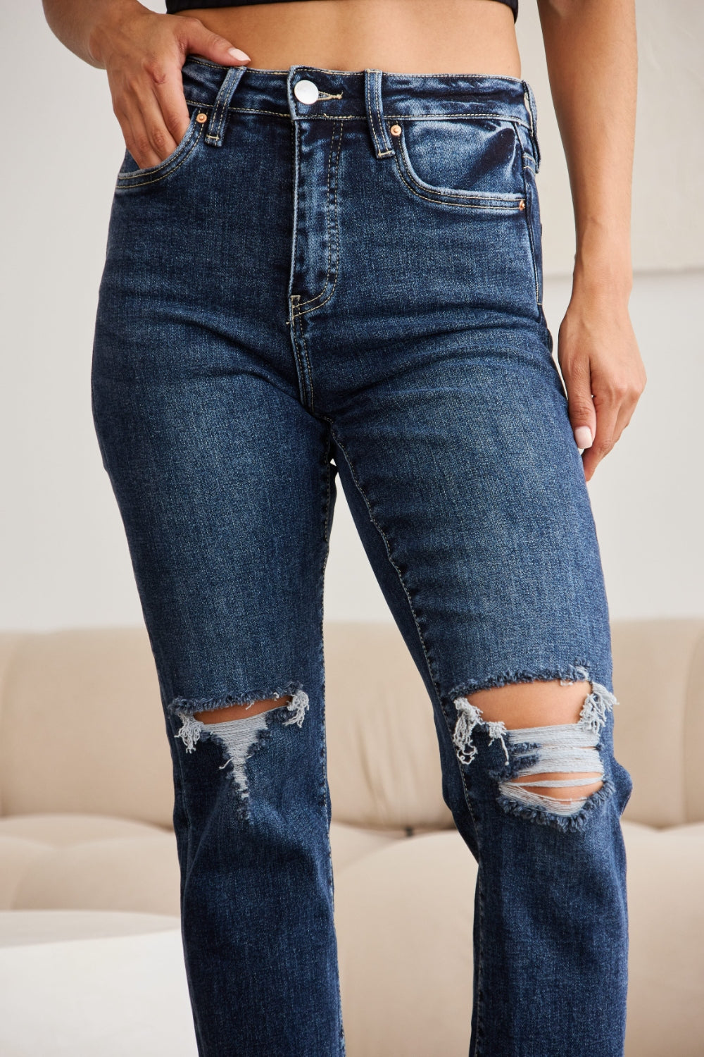 RFM Full Size Tummy Control Distressed High Waist Raw Hem Jeans Trandify deal