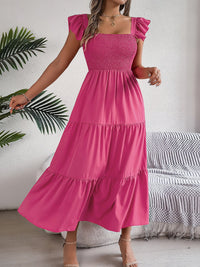 Smocked Square Neck Cap Sleeve Midi Dress Trandify deal
