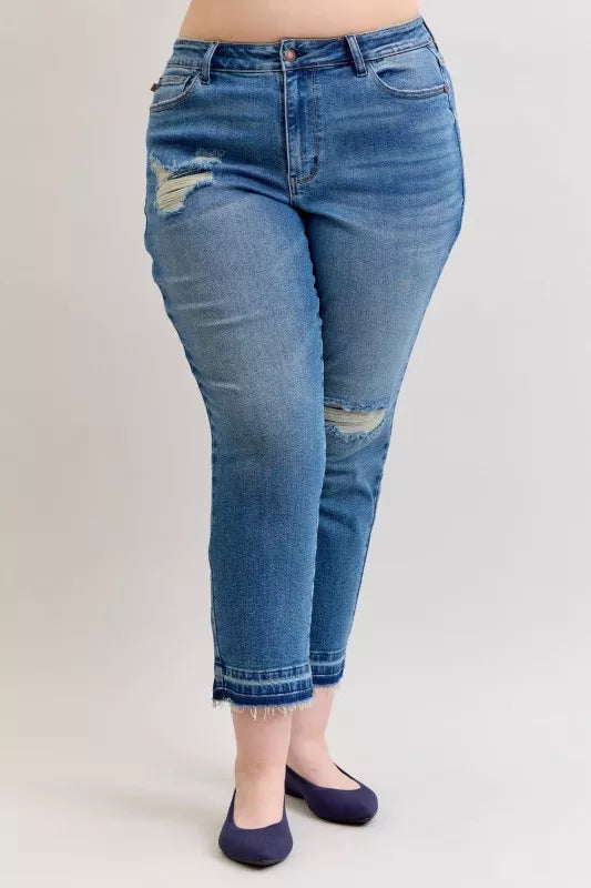 Women's Distressed Jeans | Mid Rise Patch & Repair Boyfriend Fit