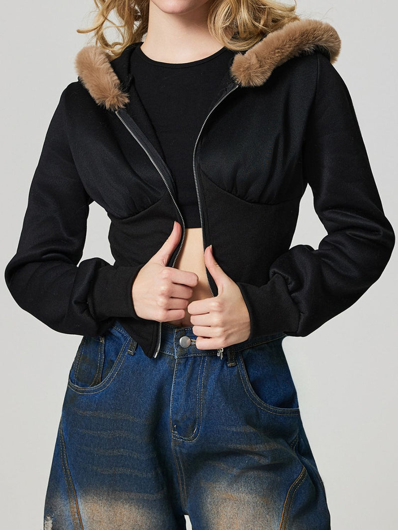 Stylish Zip-Up Long Sleeve Hooded Jacket with Cozy Fuzzy Hem for Women | TrandifyDeal