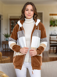 Full Size Drawstring Color Block Zip Up Hooded Outerwear Trandify Deal