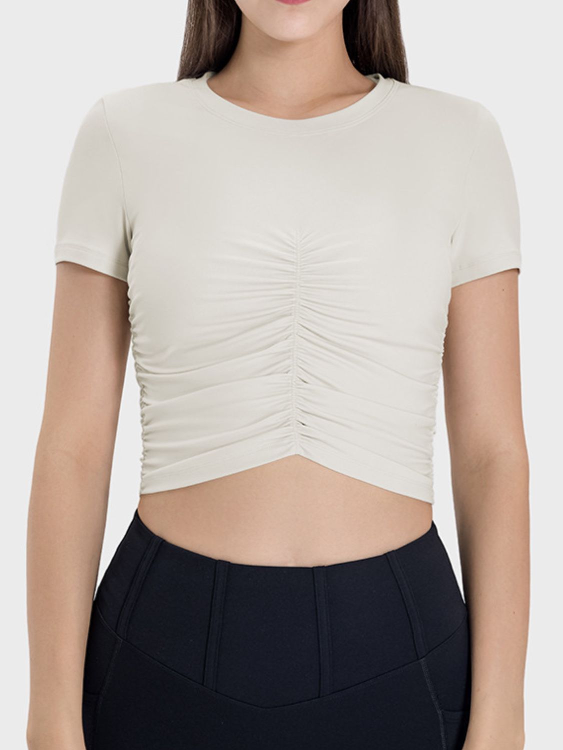 Millennia Ruched Round Neck Short Sleeve Active T-Shirt Trandify deal