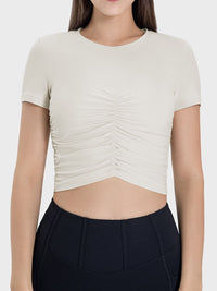 Millennia Ruched Round Neck Short Sleeve Active T-Shirt Trandify deal