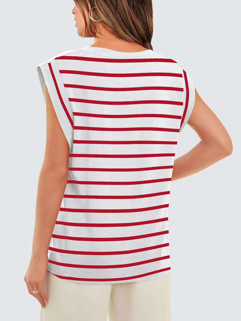 Striped Round Neck Cap Sleeve T-Shirt Trandify deal