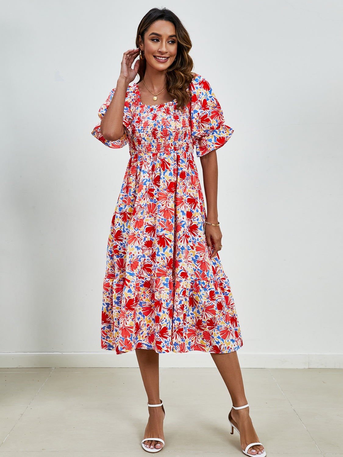 Smocked Floral Square Neck Short Sleeve Dress Trandify deal