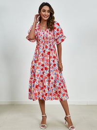 Smocked Floral Square Neck Short Sleeve Dress Trandify deal