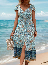Perfee Backless Slit Printed Short Sleeve Dress Trandify deal