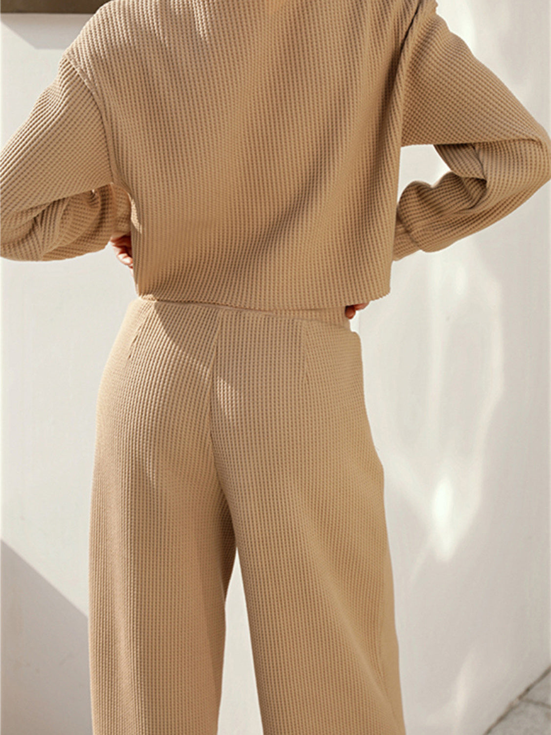 Waffle-Knit Round Neck Top and Pants Set Trandify deal