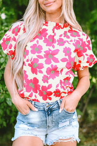 Printed Mock Neck Puff Sleeve Blouse - Trandify Deal