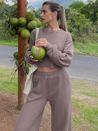 Waffle-Knit Round Neck Top and Pants Set Trandify deal