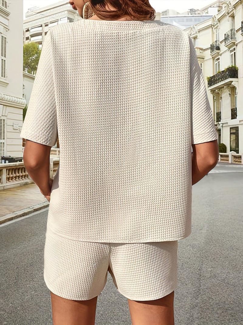 Waffle-Knit Half Sleeve Top and Shorts Set Trandify deal