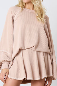 Women's Textured Round Neck Long Sleeve Top and Skirt Set – Trendy Casual Outfit for USA Women