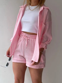 Trendy linen-blend two-piece set for women, stylish matching shirt and shorts