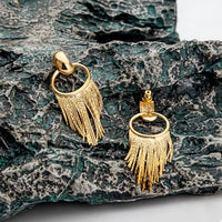 18K Gold Plated Fringe Chain Earrings dangling from a model's ear, showcasing the elegant gold finish and dynamic movement.