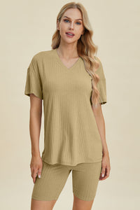 Basic Bae Full Size Ribbed V-Neck Short Sleeve Top and Shorts Set Trandify deal