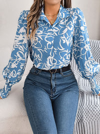 Printed Collared Neck Lantern Sleeve Shirt Trandify deal