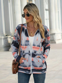 Geometric Zip Up Long Sleeve Hooded Jacket Trandify Deal