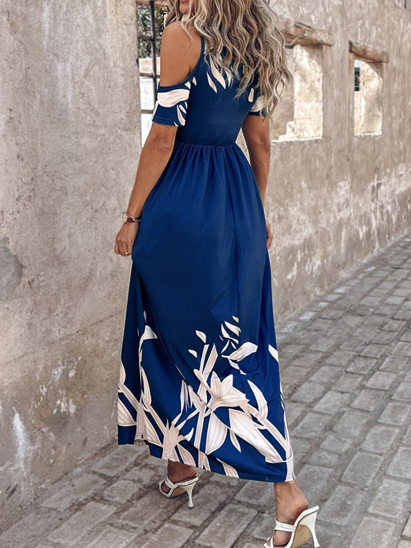 Printed Cold Shoulder Short Sleeve Maxi Dress Trandify Deal