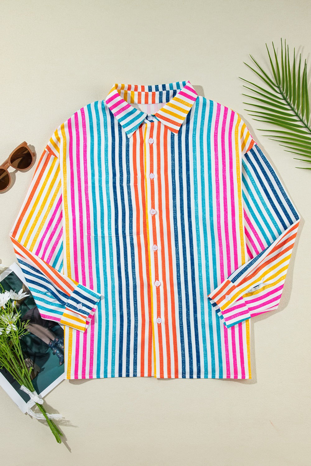 Striped Collared Neck Long Sleeve Shirt Trandify deal