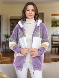 Full Size Drawstring Color Block Zip Up Hooded Outerwear Trandify Deal