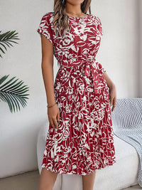 Tied Pleated Printed Short Sleeve Dress Trandify deal
