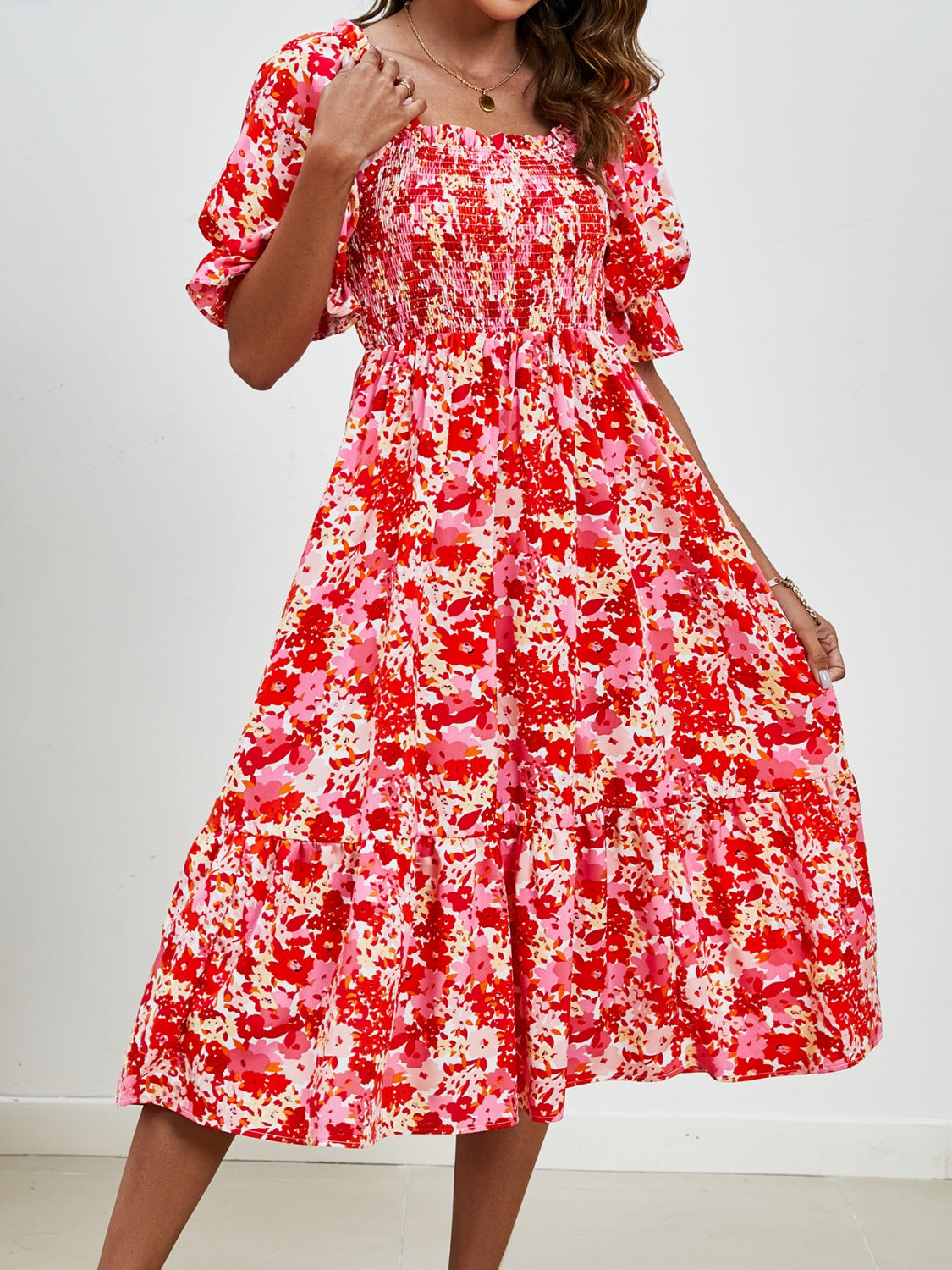 Smocked Floral Square Neck Short Sleeve Dress Trandify deal