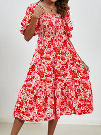 Smocked Floral Square Neck Short Sleeve Dress Trandify deal