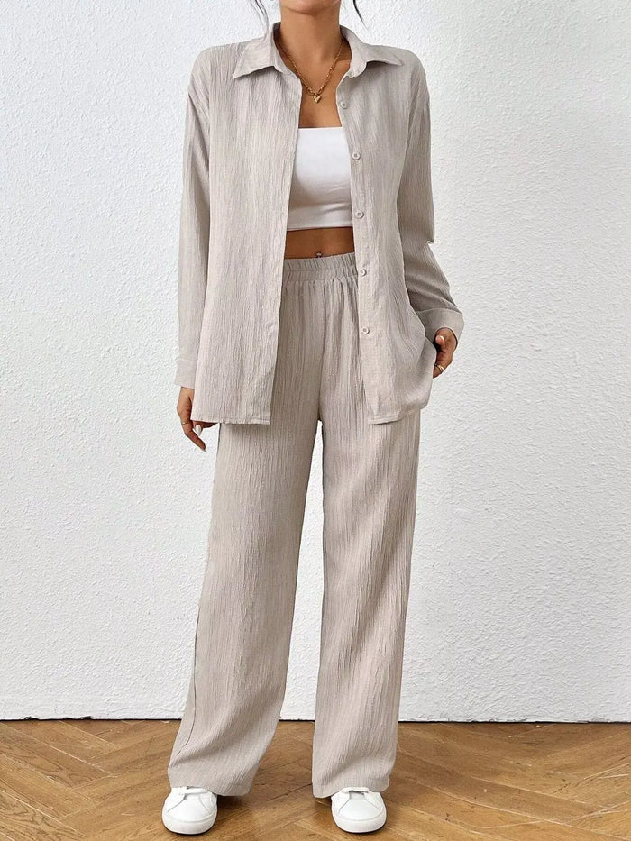 Women's Button Up Shirt and Pants Set in Off-white, casual office wear