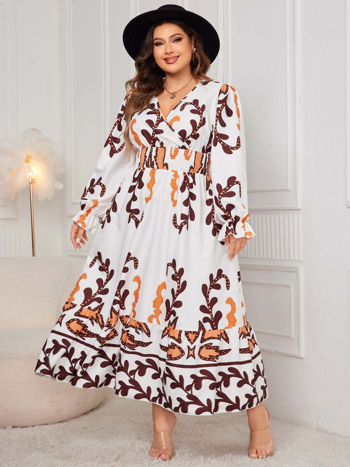 Honey Plus Size Printed Surplice Flounce Sleeve Dress Trandify Deal