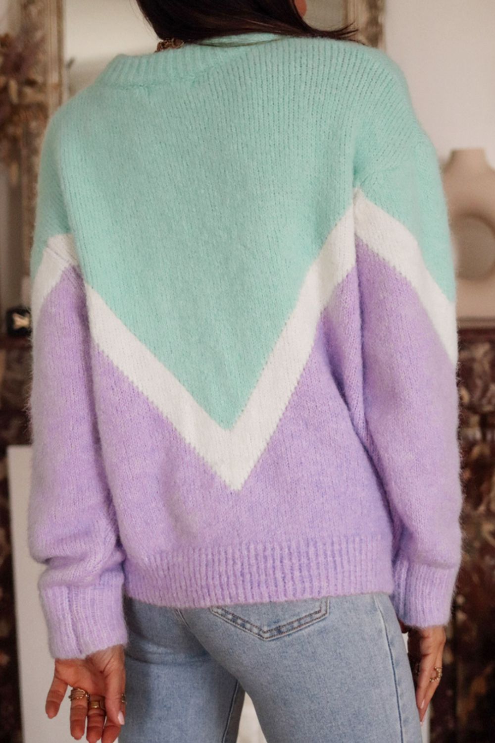 Contrast Round Neck Dropped Shoulder Sweater Trandify Deal