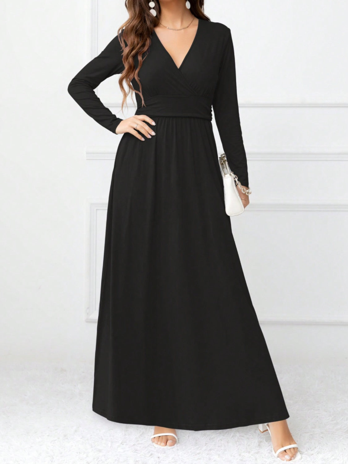 Pocketed Surplice Long Sleeve Maxi Dress Trandify Deal