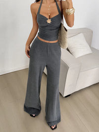 Trendy Two-Piece Lounge Set for Women – Adjustable Halter Top & Wide-Leg Pants
