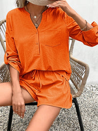 Notched Long Sleeve Top and Shorts Set Trandify deal