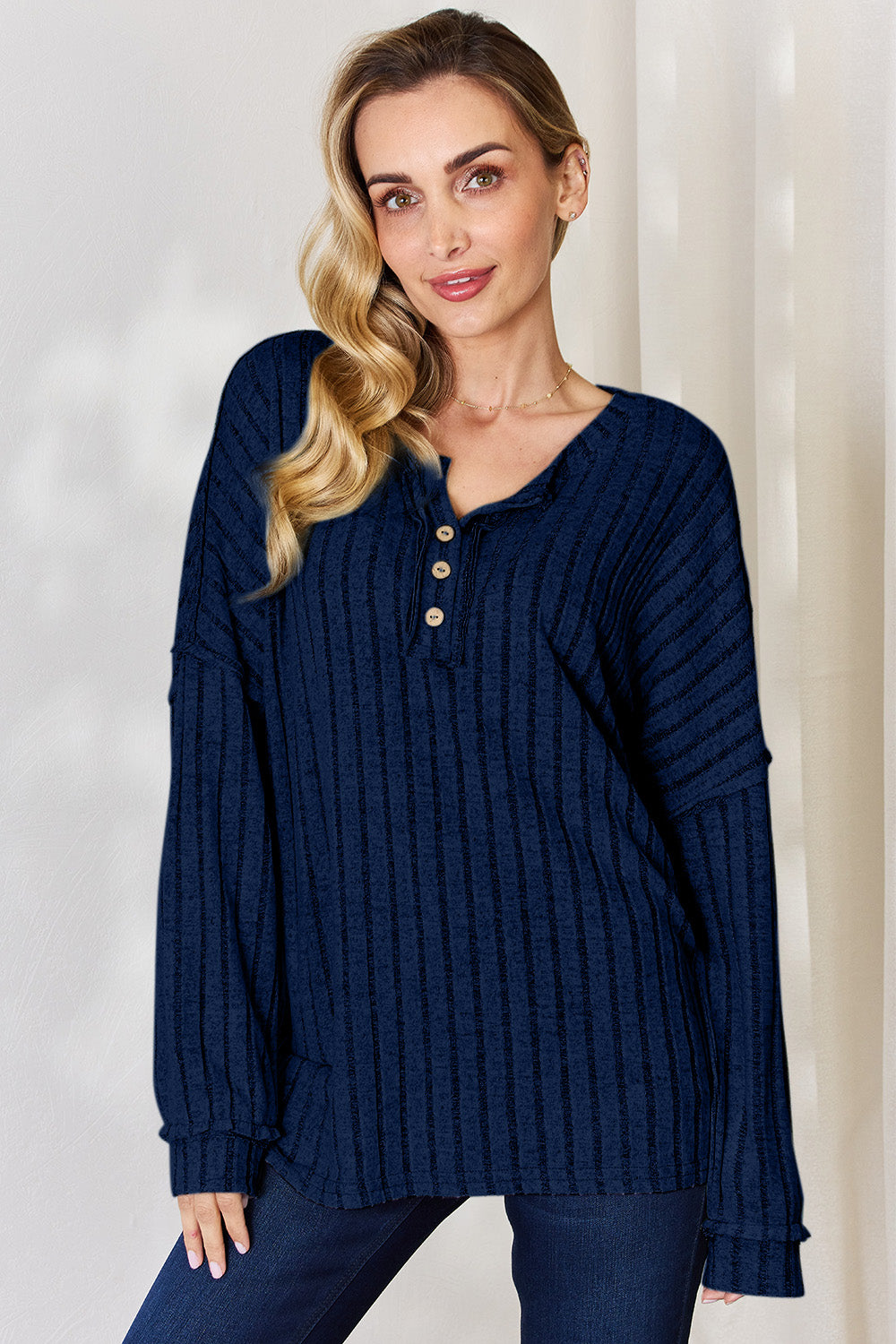 Basic Bae Full Size Ribbed Half Button Long Sleeve T-Shirt Trandify Deal