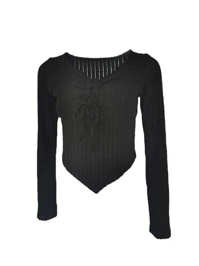 Women’s ruched drawstring ribbed long sleeve top in beige, styled with jeans for casual fall outfit