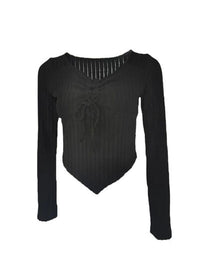 Women’s ruched drawstring ribbed long sleeve top in beige, styled with jeans for casual fall outfit