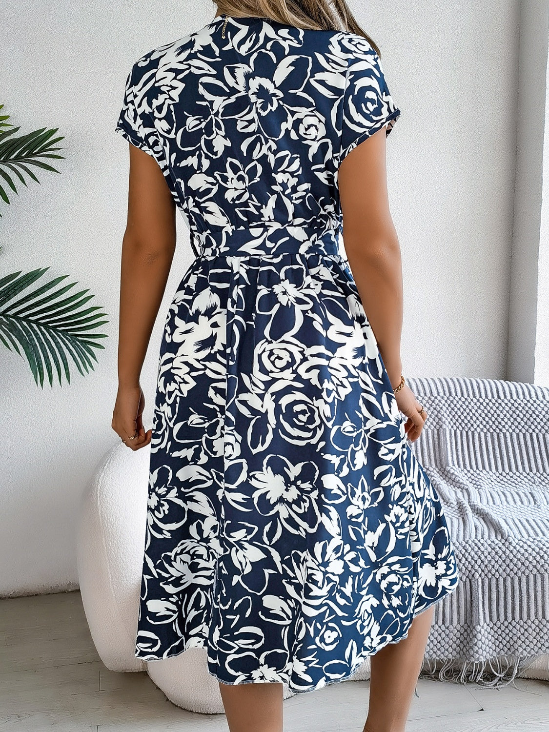 Printed V-Neck Short Sleeve Dress Trandify deal