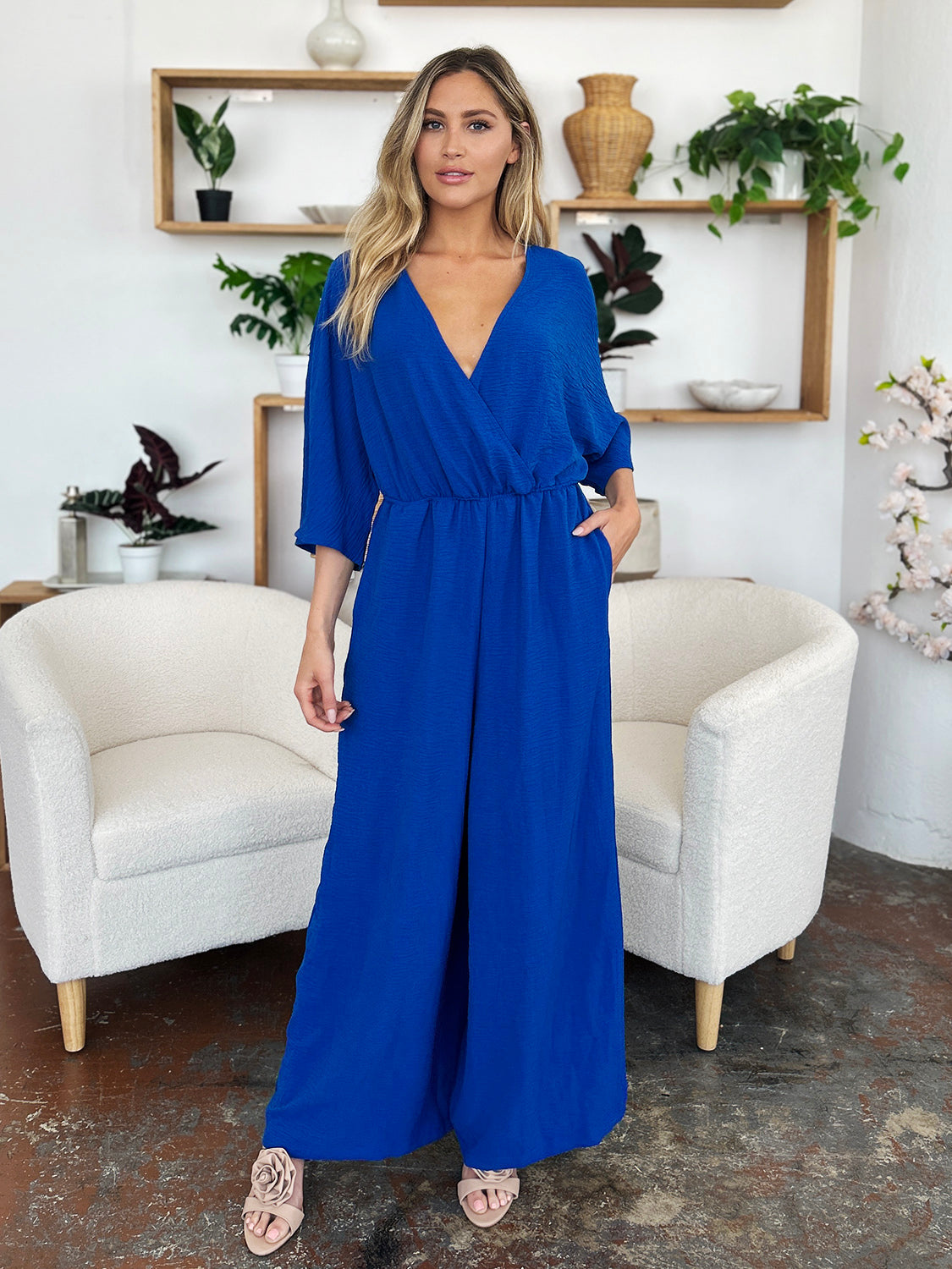 Double Take Full Size Surplice Wide Leg Jumpsuit with Pockets Trandify Deal