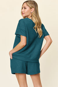 Double Take Full Size Texture Short Sleeve T-Shirt and Drawstring Shorts Set - Trandify Deal
