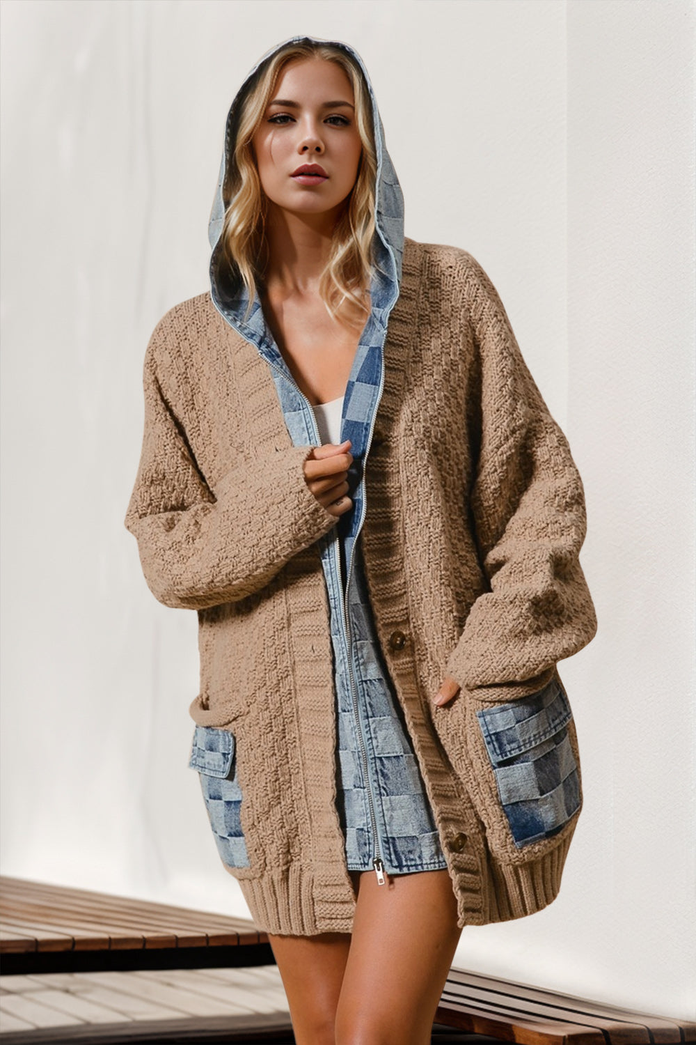 Double Take Full Size Hooded Denim Spliced Sweater Cardigan Trandify Deal