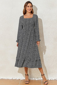 Printed Square Neck Long Sleeve Midi Dress Trandify Deal