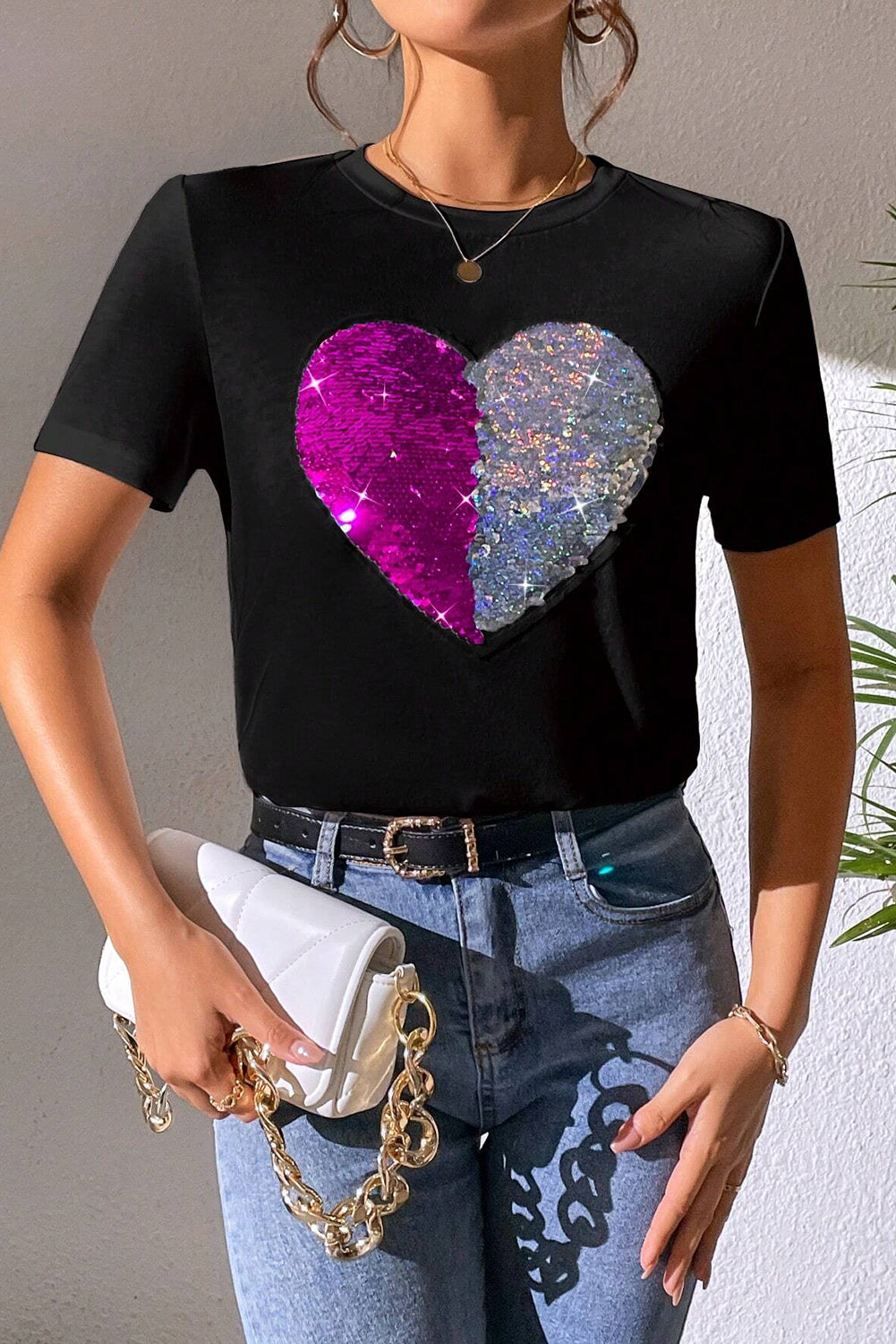 Heart Sequin Round Neck Short Sleeve T-Shirt - Trandify Deal