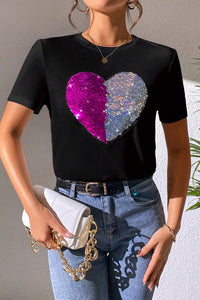 Heart Sequin Round Neck Short Sleeve T-Shirt - Trandify Deal