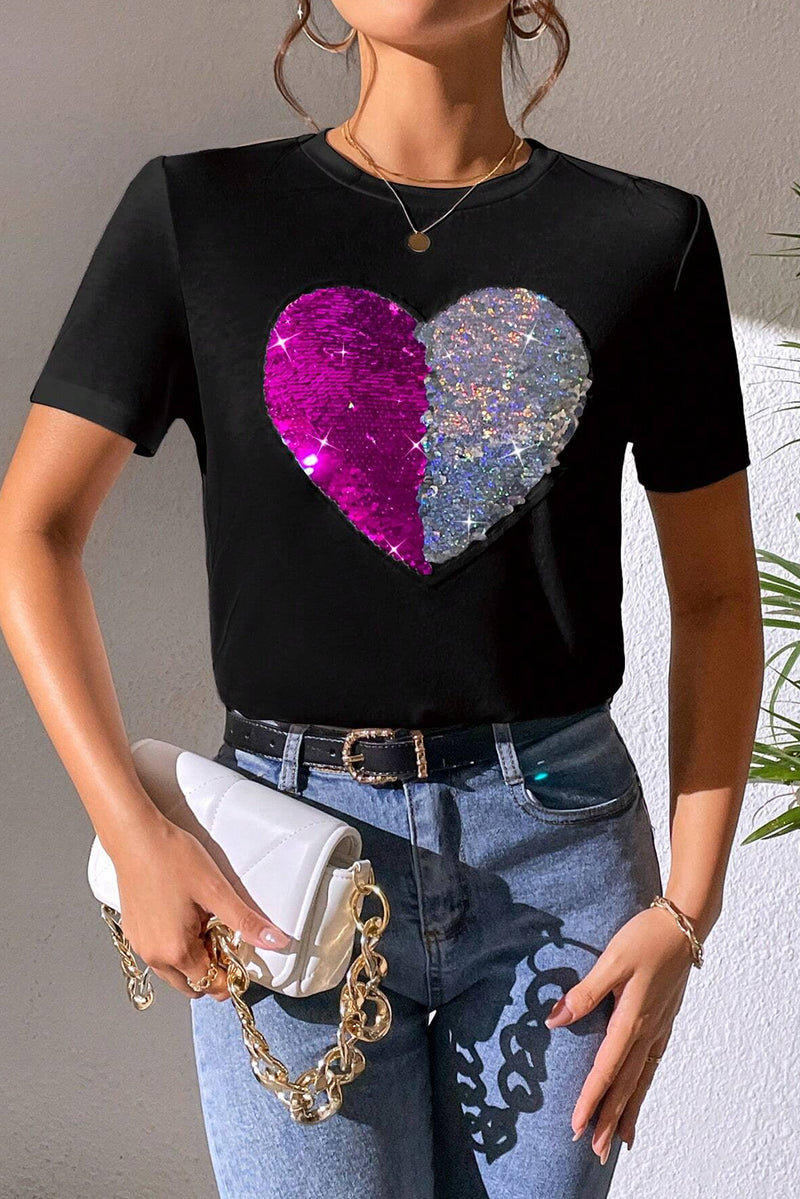 Heart Sequin Round Neck Short Sleeve T-Shirt - Trandify Deal